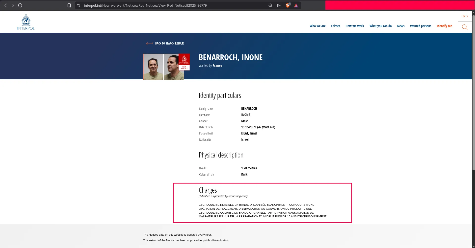 Interpol Red Notice entry