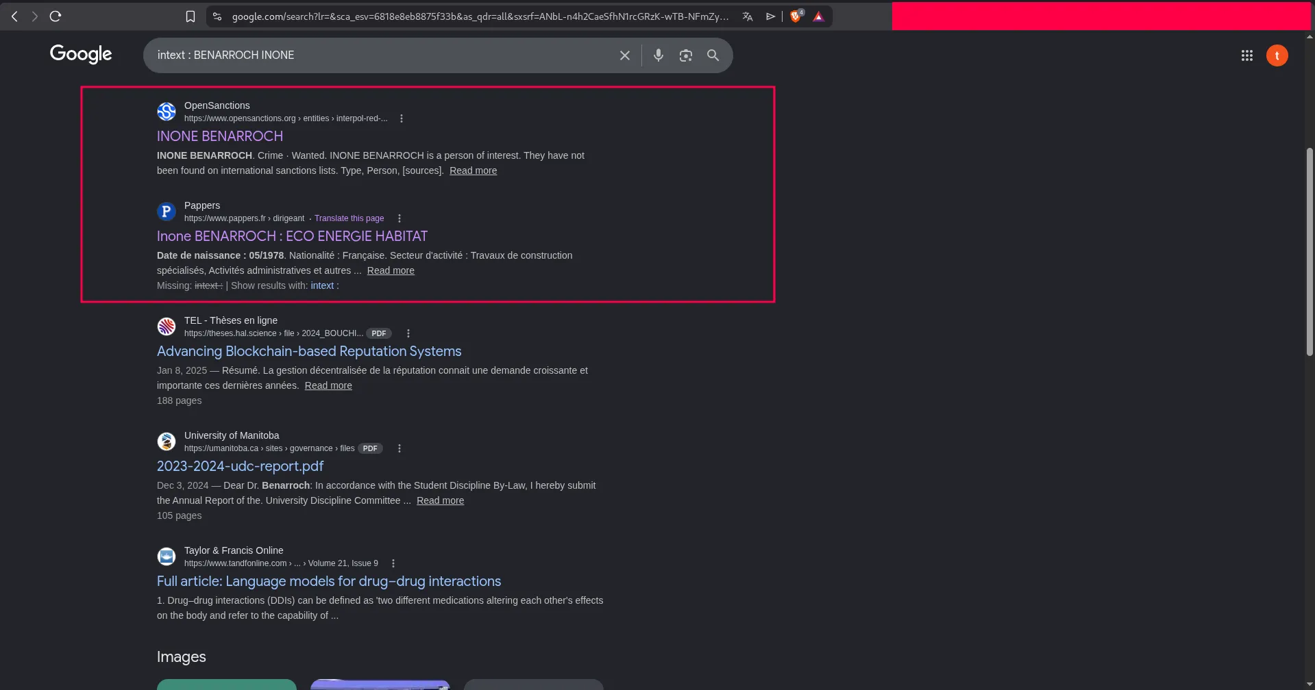 Initial Google search results