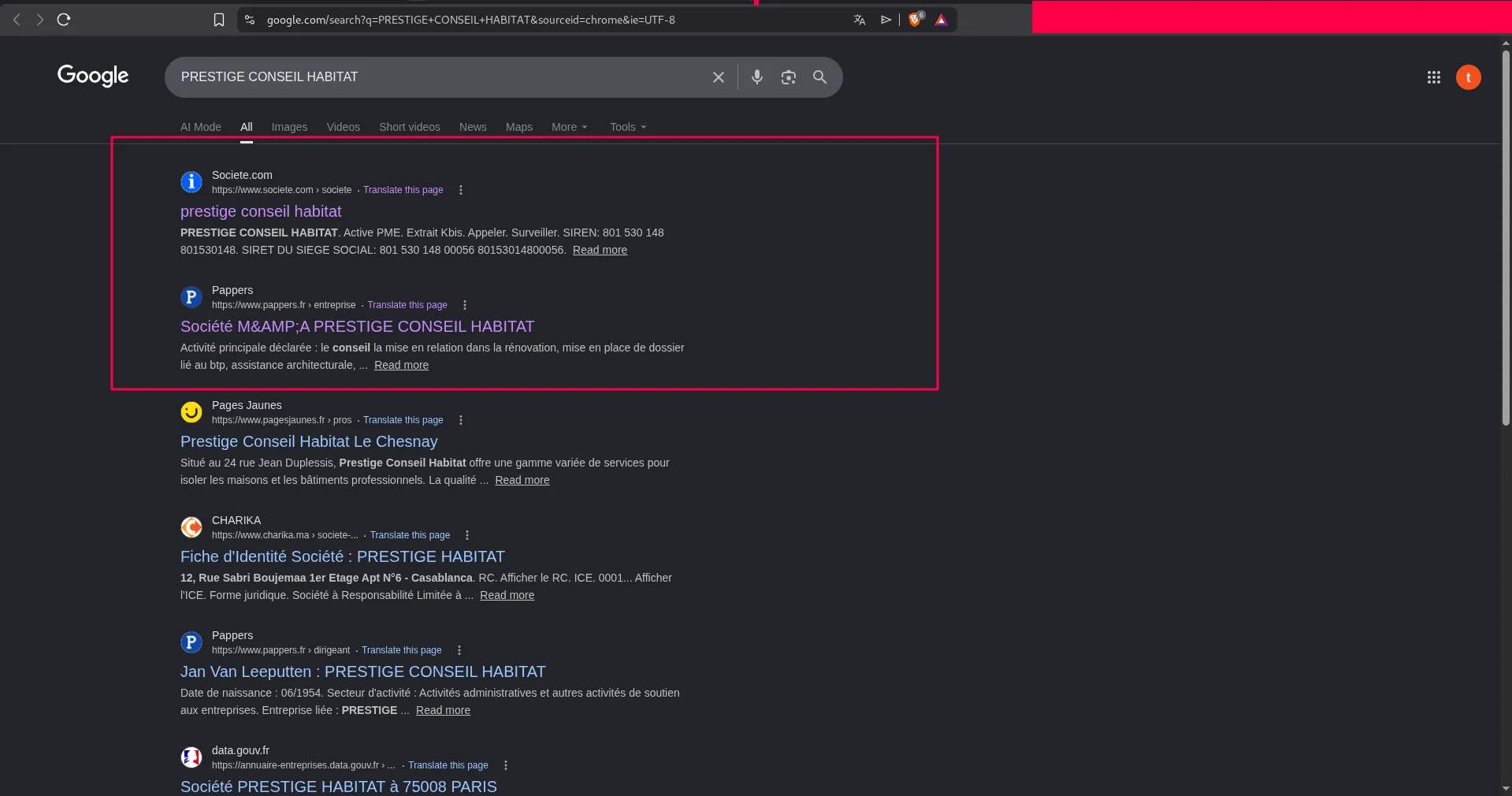 Searching for the company name