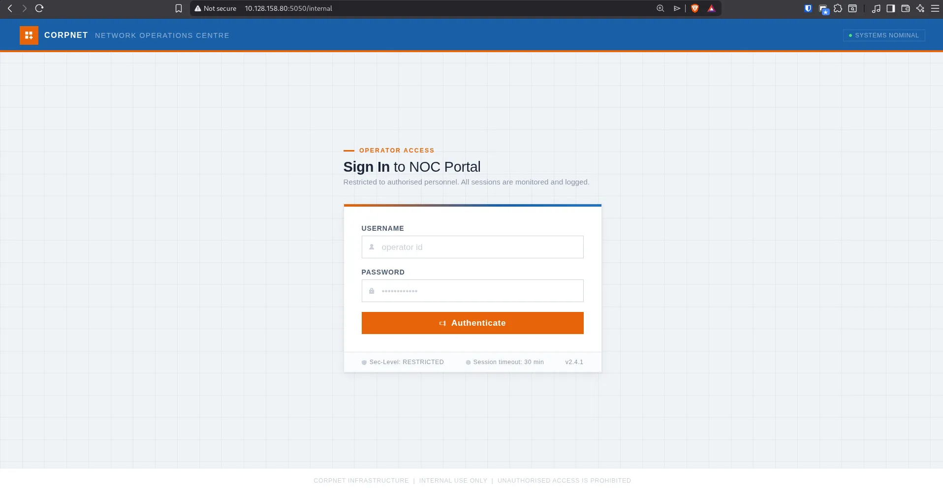 Internal login page