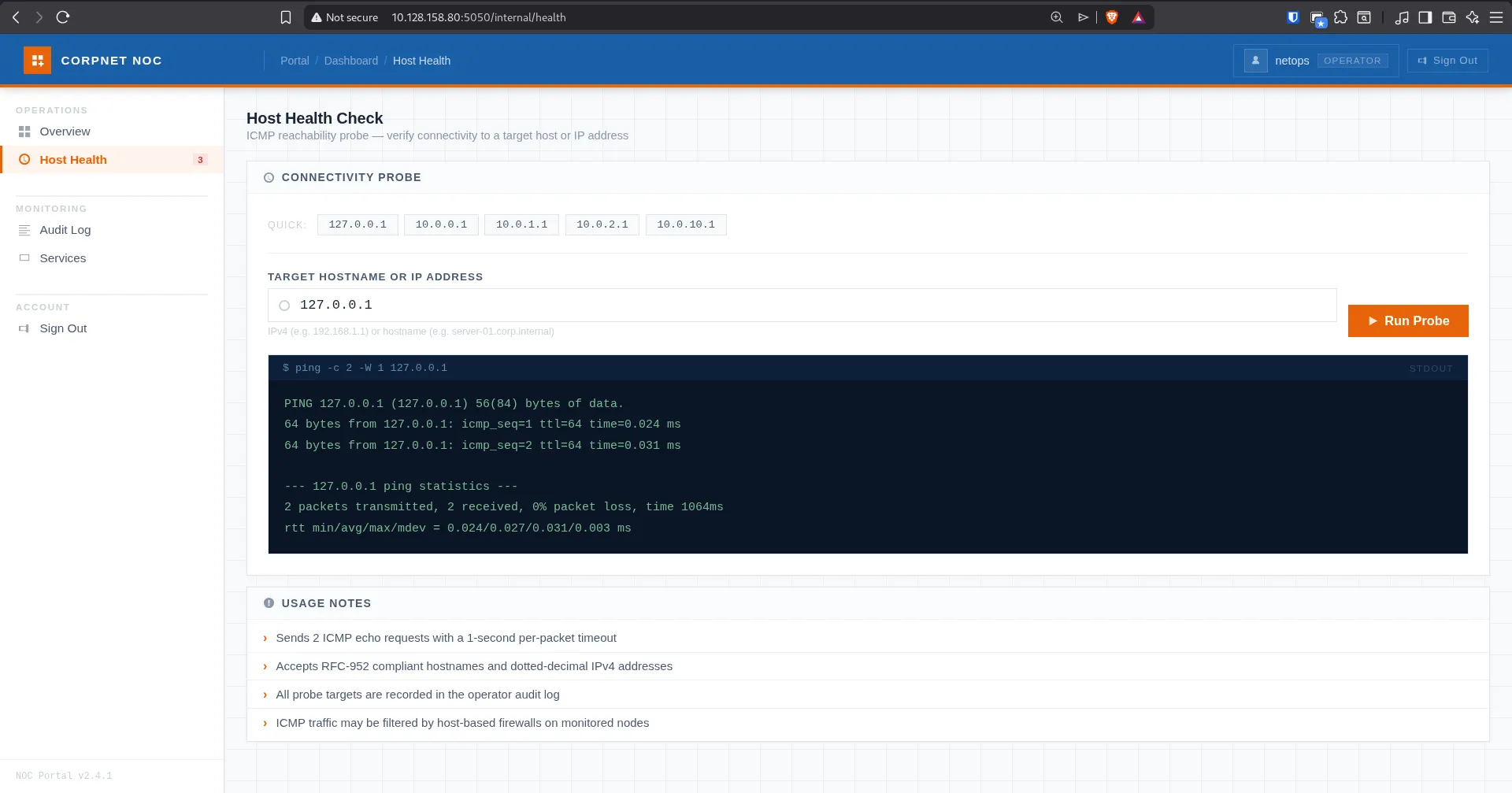 Host Health page