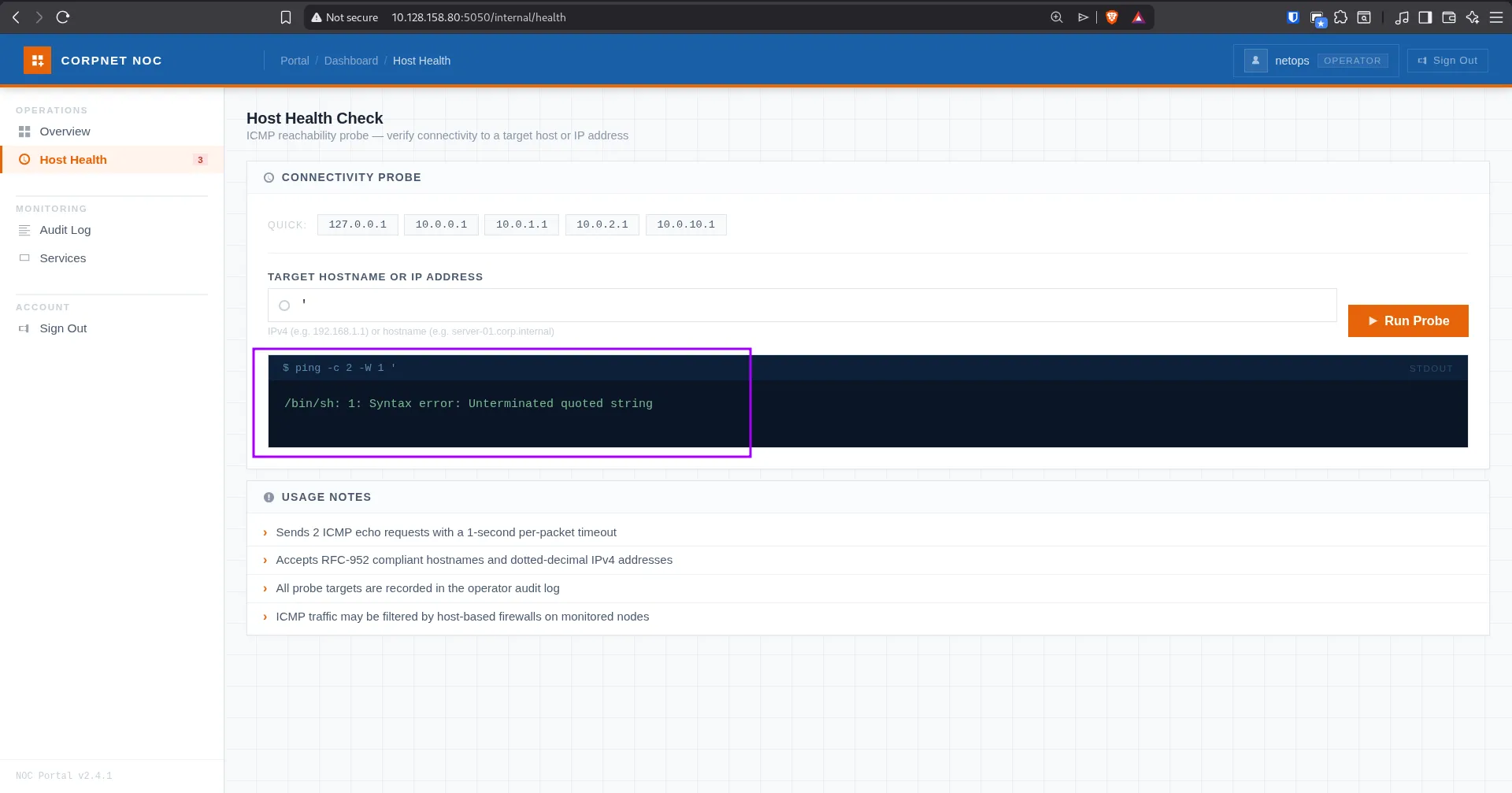 Bash error from host health input