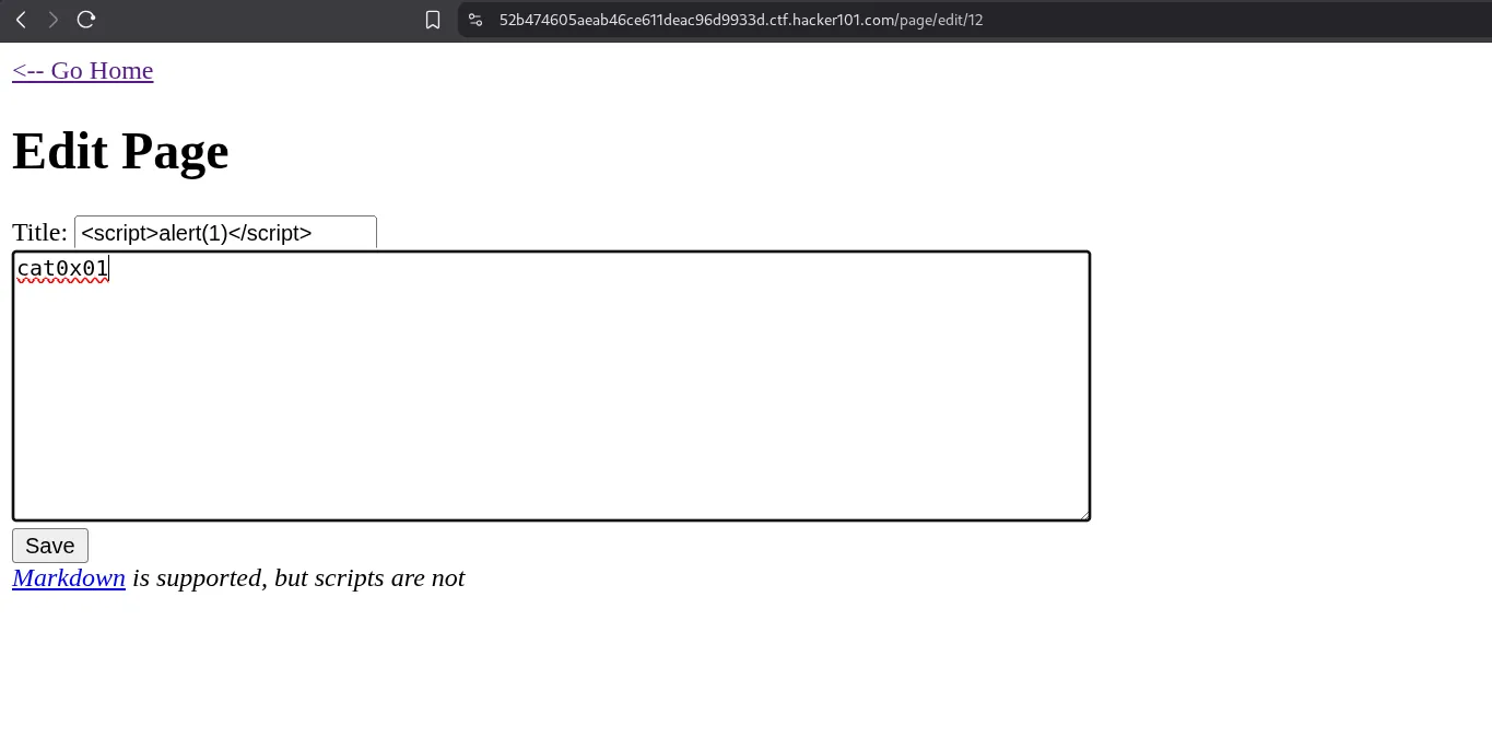 A page created with an XSS payload in its title