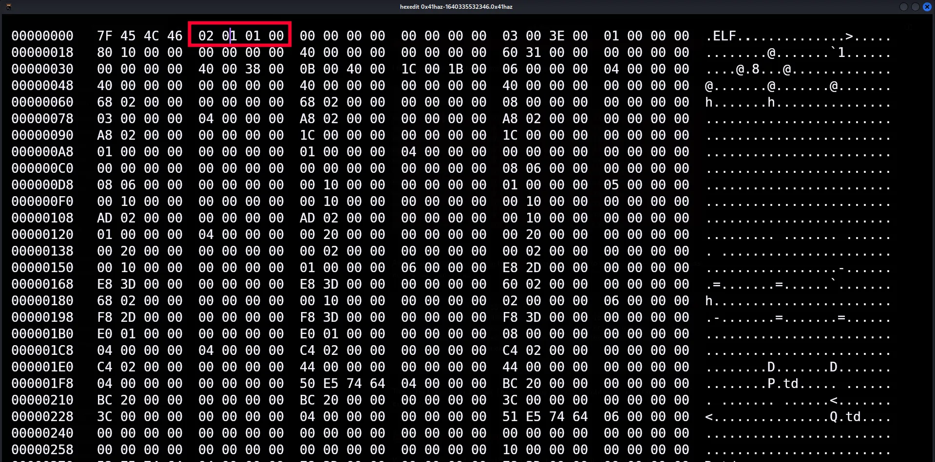 Changing the sixth byte in the ELF header
