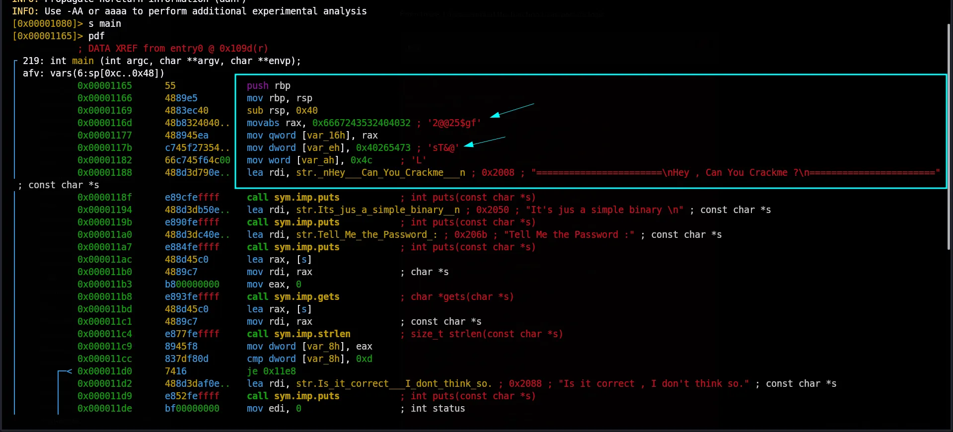 Disassembly of the main function in radare2